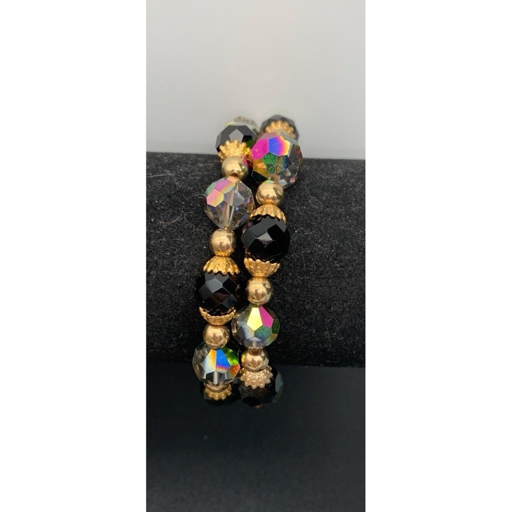 Beautiful Faceted Glass Beaded Memory Wire Bracelet With Aurora Borealis Accents